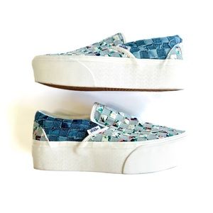 New Platform Vans Classic Slip On’s Floral/Denim Patchwork